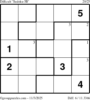 The grouppuzzles.com Difficult Sudoku-5B puzzle for Monday November 3, 2025 with the first 3 steps marked
