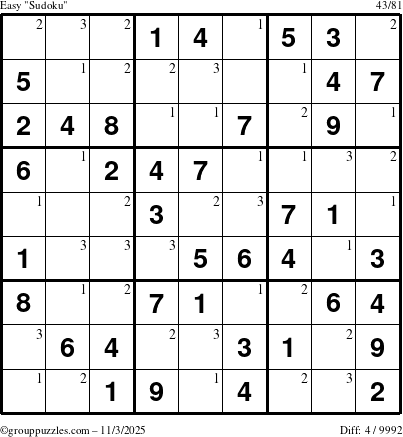 The grouppuzzles.com Easy Sudoku puzzle for Monday November 3, 2025 with the first 3 steps marked