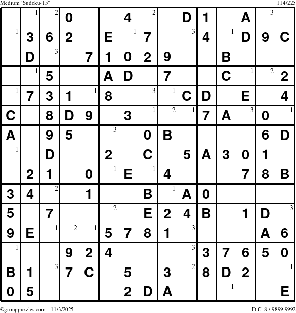 The grouppuzzles.com Medium Sudoku-15 puzzle for Monday November 3, 2025 with the first 3 steps marked