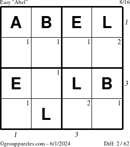 The grouppuzzles.com Easy Abel puzzle for Saturday June 1, 2024 with all 2 steps marked