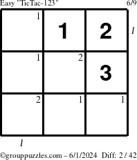 The grouppuzzles.com Easy TicTac-123 puzzle for Saturday June 1, 2024 with all 2 steps marked