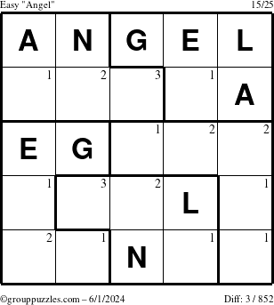 The grouppuzzles.com Easy Angel puzzle for Saturday June 1, 2024 with the first 3 steps marked