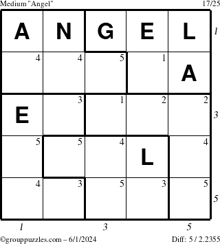 The grouppuzzles.com Medium Angel puzzle for Saturday June 1, 2024 with all 5 steps marked