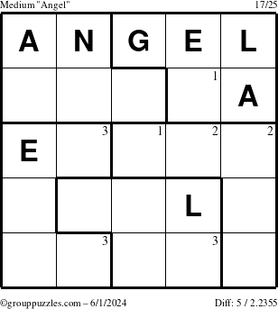 The grouppuzzles.com Medium Angel puzzle for Saturday June 1, 2024 with the first 3 steps marked