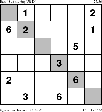 The grouppuzzles.com Easy Sudoku-6up-UR-D puzzle for Saturday June 1, 2024