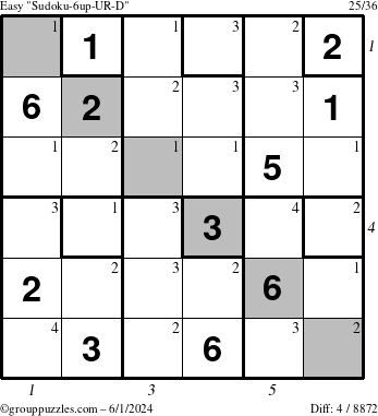 The grouppuzzles.com Easy Sudoku-6up-UR-D puzzle for Saturday June 1, 2024 with all 4 steps marked