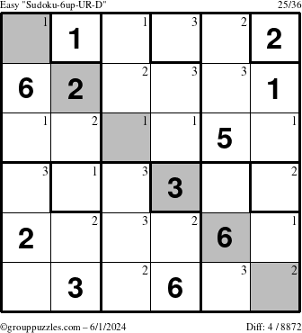 The grouppuzzles.com Easy Sudoku-6up-UR-D puzzle for Saturday June 1, 2024 with the first 3 steps marked