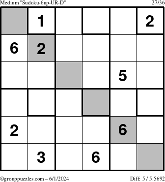 The grouppuzzles.com Medium Sudoku-6up-UR-D puzzle for Saturday June 1, 2024