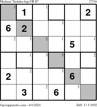 The grouppuzzles.com Medium Sudoku-6up-UR-D puzzle for Saturday June 1, 2024 with the first 3 steps marked