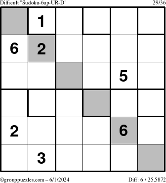 The grouppuzzles.com Difficult Sudoku-6up-UR-D puzzle for Saturday June 1, 2024