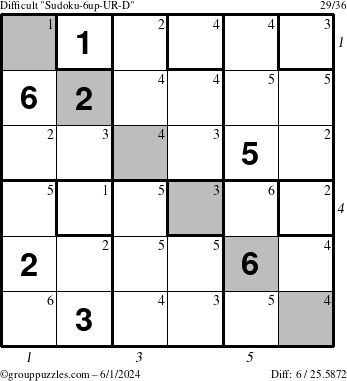 The grouppuzzles.com Difficult Sudoku-6up-UR-D puzzle for Saturday June 1, 2024 with all 6 steps marked