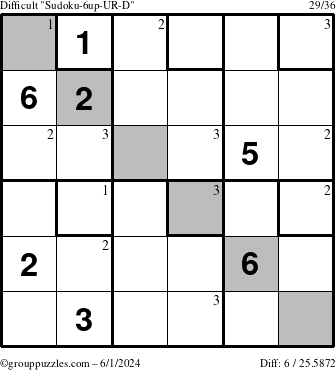 The grouppuzzles.com Difficult Sudoku-6up-UR-D puzzle for Saturday June 1, 2024 with the first 3 steps marked