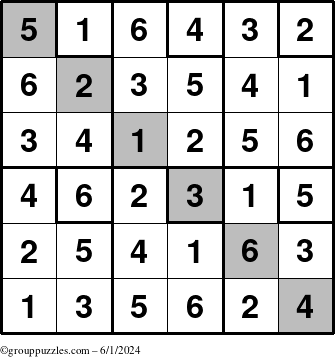 The grouppuzzles.com Answer grid for the Sudoku-6up-UR-D puzzle for Saturday June 1, 2024