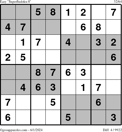 The grouppuzzles.com Easy SuperSudoku-8 puzzle for Saturday June 1, 2024