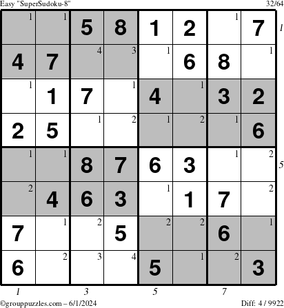 The grouppuzzles.com Easy SuperSudoku-8 puzzle for Saturday June 1, 2024 with all 4 steps marked