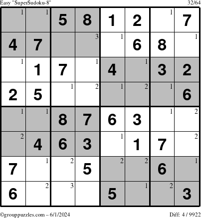 The grouppuzzles.com Easy SuperSudoku-8 puzzle for Saturday June 1, 2024 with the first 3 steps marked