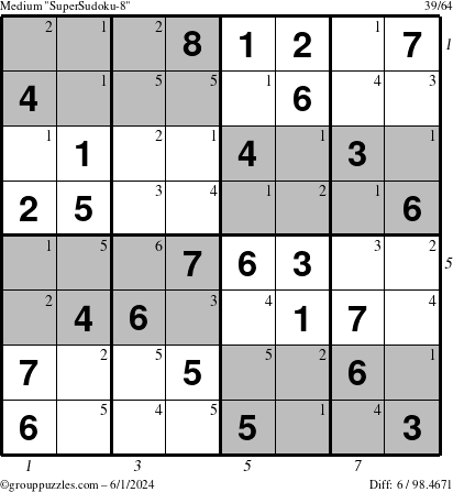 The grouppuzzles.com Medium SuperSudoku-8 puzzle for Saturday June 1, 2024, suitable for printing, with all 6 steps marked