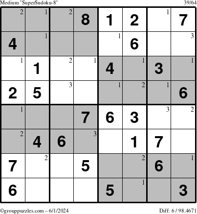 The grouppuzzles.com Medium SuperSudoku-8 puzzle for Saturday June 1, 2024 with the first 3 steps marked