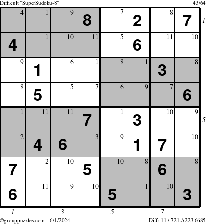 The grouppuzzles.com Difficult SuperSudoku-8 puzzle for Saturday June 1, 2024 with all 11 steps marked