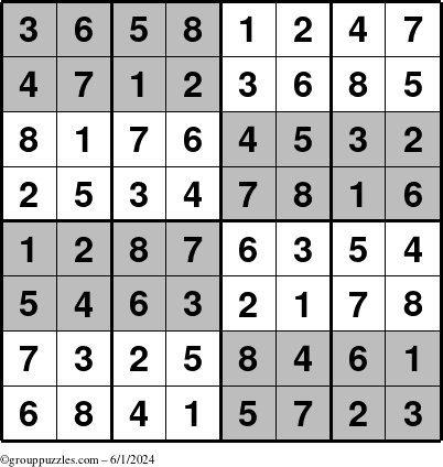 The grouppuzzles.com Answer grid for the SuperSudoku-8 puzzle for Saturday June 1, 2024