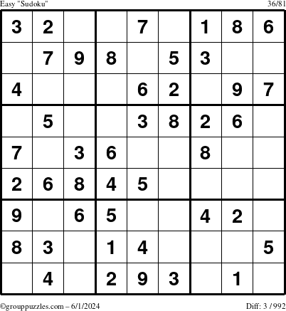 The grouppuzzles.com Easy Sudoku puzzle for Saturday June 1, 2024