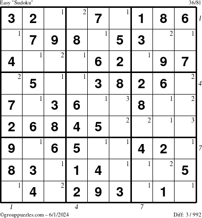 The grouppuzzles.com Easy Sudoku puzzle for Saturday June 1, 2024 with all 3 steps marked