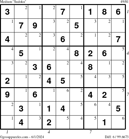 The grouppuzzles.com Medium Sudoku puzzle for Saturday June 1, 2024, suitable for printing, with all 6 steps marked