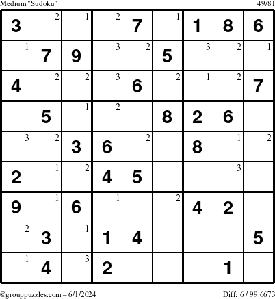 The grouppuzzles.com Medium Sudoku puzzle for Saturday June 1, 2024 with the first 3 steps marked