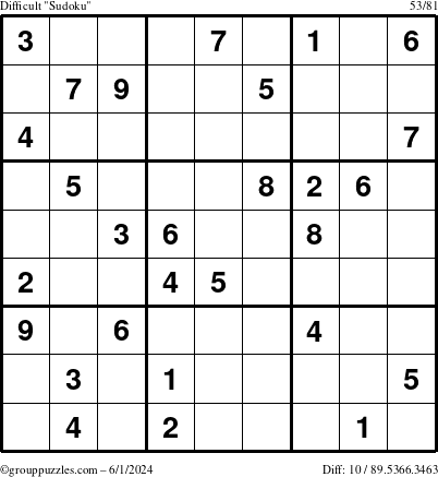 The grouppuzzles.com Difficult Sudoku puzzle for Saturday June 1, 2024