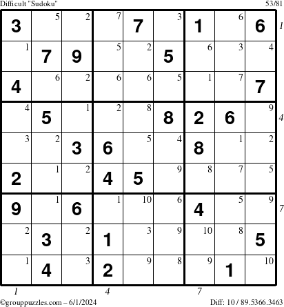 The grouppuzzles.com Difficult Sudoku puzzle for Saturday June 1, 2024 with all 10 steps marked