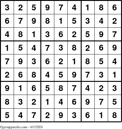 The grouppuzzles.com Answer grid for the Sudoku puzzle for Saturday June 1, 2024