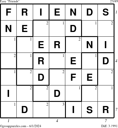 The grouppuzzles.com Easy Friends puzzle for Saturday June 1, 2024 with all 3 steps marked