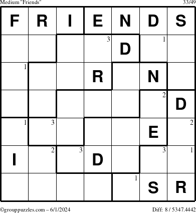 The grouppuzzles.com Medium Friends puzzle for Saturday June 1, 2024 with the first 3 steps marked