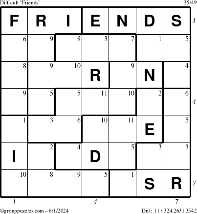 The grouppuzzles.com Difficult Friends puzzle for Saturday June 1, 2024 with all 11 steps marked