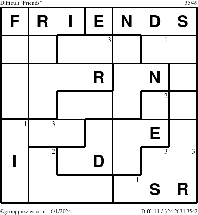 The grouppuzzles.com Difficult Friends puzzle for Saturday June 1, 2024 with the first 3 steps marked