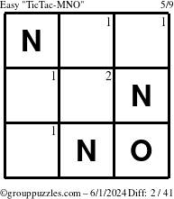 The grouppuzzles.com Easy TicTac-MNO puzzle for Saturday June 1, 2024 with the first 2 steps marked