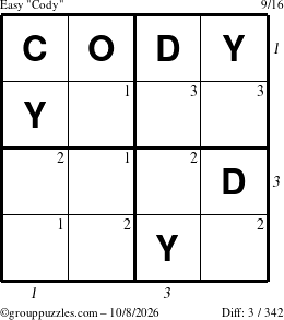 The grouppuzzles.com Easy Cody puzzle for Thursday October 8, 2026 with all 3 steps marked