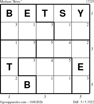 The grouppuzzles.com Medium Betsy puzzle for Thursday October 8, 2026, suitable for printing, with all 5 steps marked