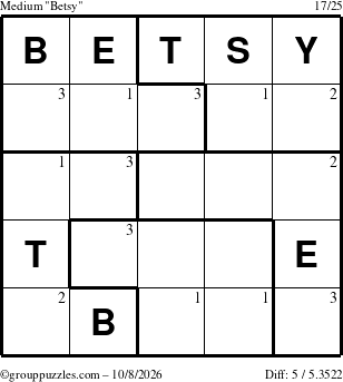 The grouppuzzles.com Medium Betsy puzzle for Thursday October 8, 2026 with the first 3 steps marked