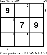 The grouppuzzles.com Easy TicTac-789 puzzle for Thursday October 8, 2026, suitable for printing, with all 2 steps marked
