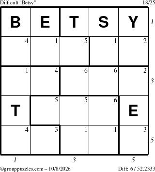 The grouppuzzles.com Difficult Betsy puzzle for Thursday October 8, 2026, suitable for printing, with all 6 steps marked