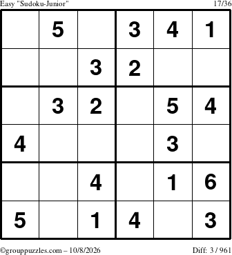 The grouppuzzles.com Easy Sudoku-Junior puzzle for Thursday October 8, 2026