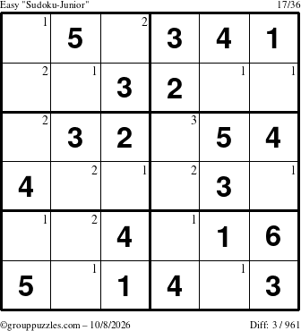 The grouppuzzles.com Easy Sudoku-Junior puzzle for Thursday October 8, 2026 with the first 3 steps marked