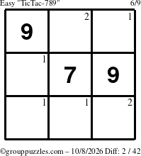 The grouppuzzles.com Easy TicTac-789 puzzle for Thursday October 8, 2026 with the first 2 steps marked
