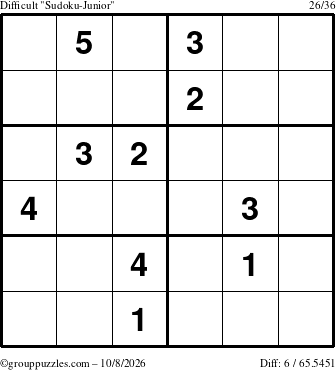 The grouppuzzles.com Difficult Sudoku-Junior puzzle for Thursday October 8, 2026