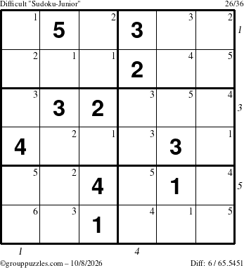 The grouppuzzles.com Difficult Sudoku-Junior puzzle for Thursday October 8, 2026, suitable for printing, with all 6 steps marked