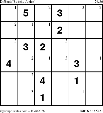 The grouppuzzles.com Difficult Sudoku-Junior puzzle for Thursday October 8, 2026 with the first 3 steps marked