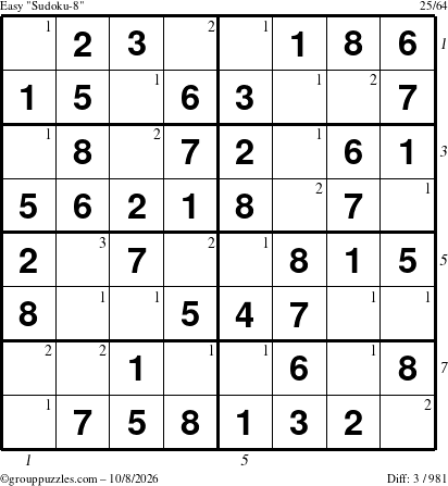 The grouppuzzles.com Easy Sudoku-8 puzzle for Thursday October 8, 2026, suitable for printing, with all 3 steps marked
