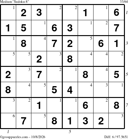 The grouppuzzles.com Medium Sudoku-8 puzzle for Thursday October 8, 2026 with all 6 steps marked