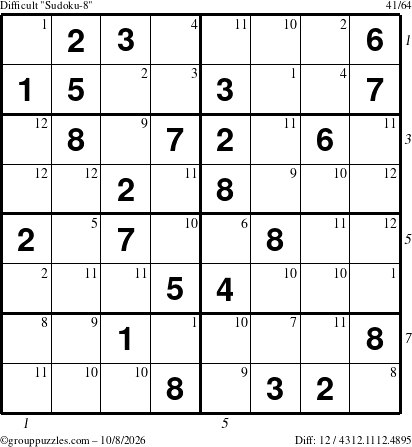 The grouppuzzles.com Difficult Sudoku-8 puzzle for Thursday October 8, 2026 with all 12 steps marked